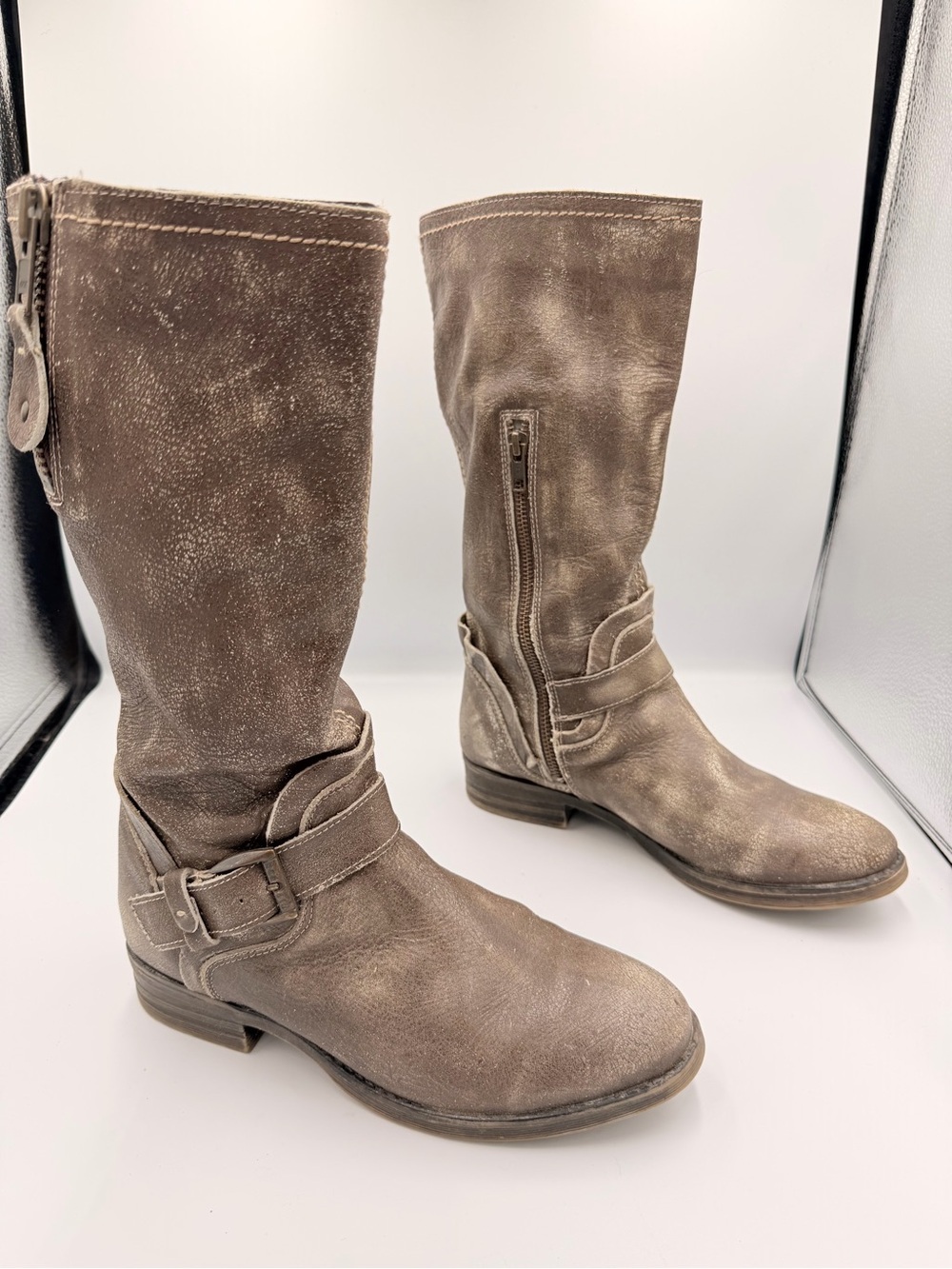 Bed Stu Leather Token Distressed Teak Motorcycle Combat Grunge Wide Calf Boots 9
